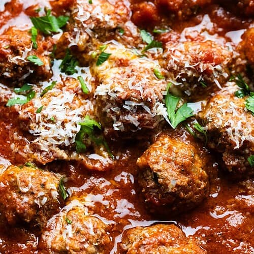 Hero image of dutch oven meatballs close up.