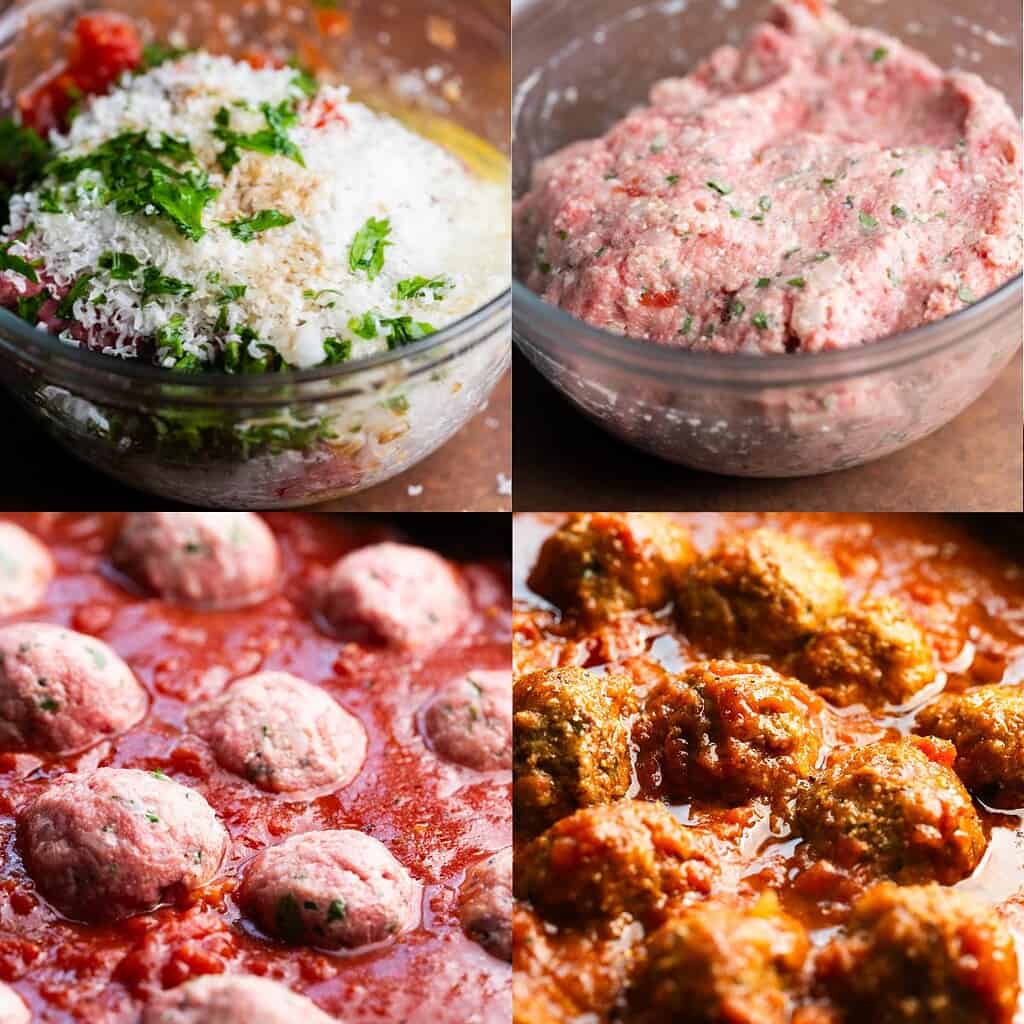 Image of process shots to make dutch oven meatballs.