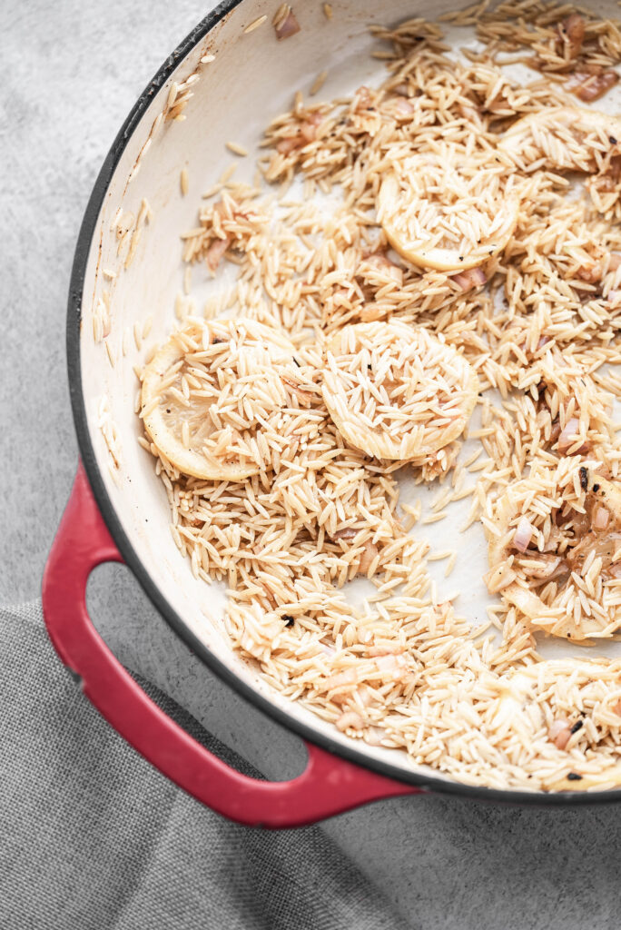 How to make cajun shrimp orzo, process shot. 