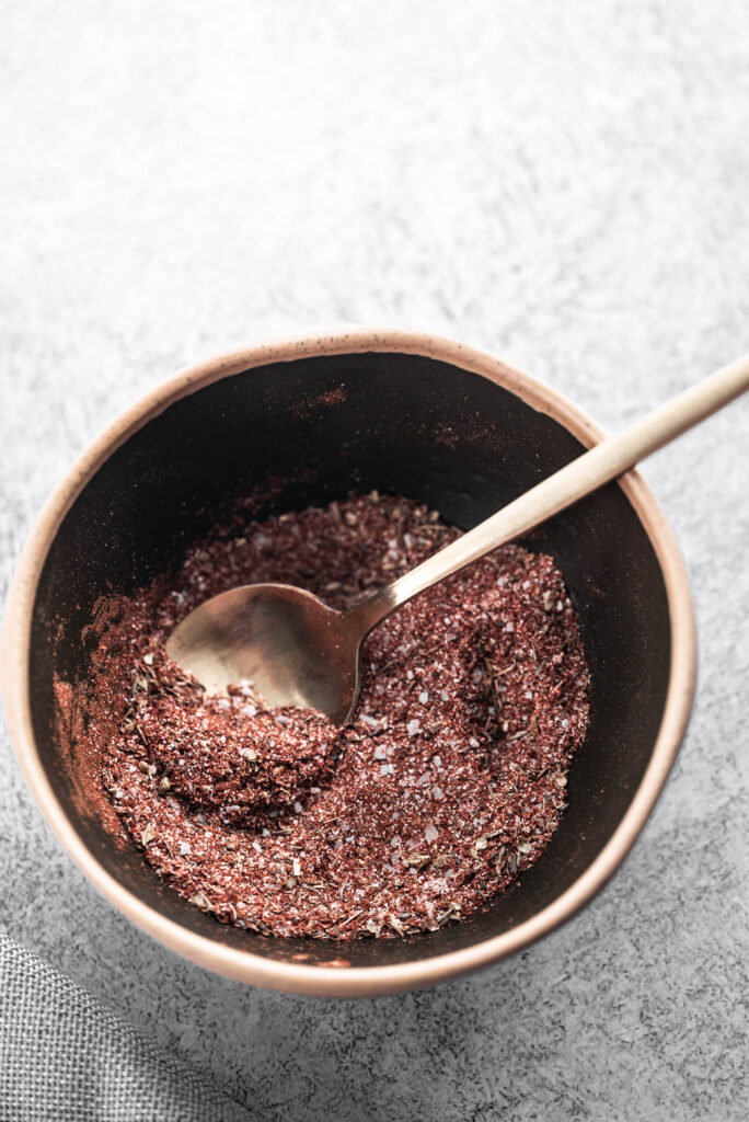 Process shot of spice blend for cajun (or blackened) shrimp alfredo. 