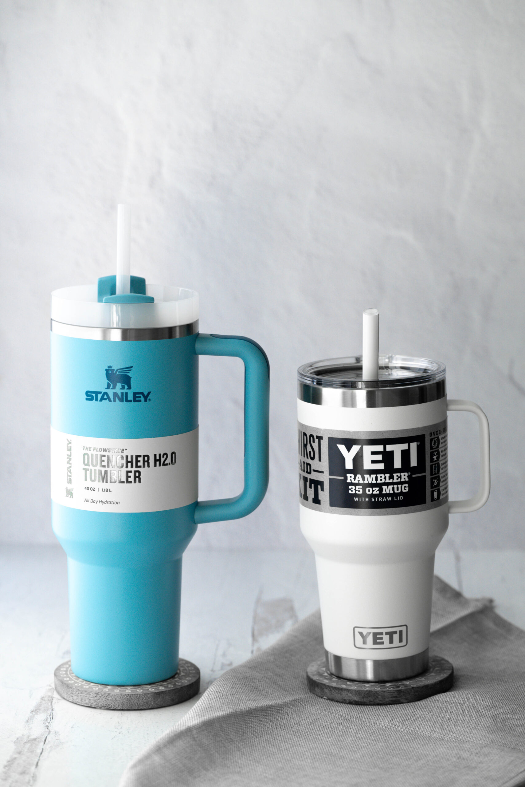 comparison review of the stanley 40oz tumbler and the yeti 35 oz rambler with handle