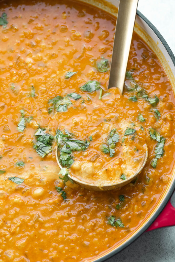 Chickpea and Lentil Curry with chopped cilantro as a garnish.  