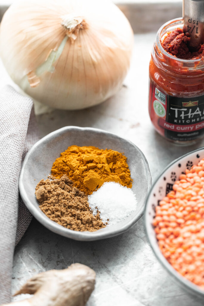 Photo of the spices that will be used in Chickpea and Lentil Curry. 