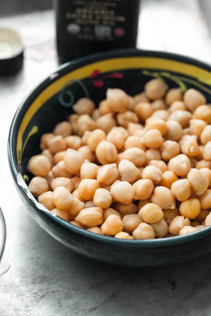 Close up photo of chickpeas that will be used in Chickpea and Lentil Curry. 