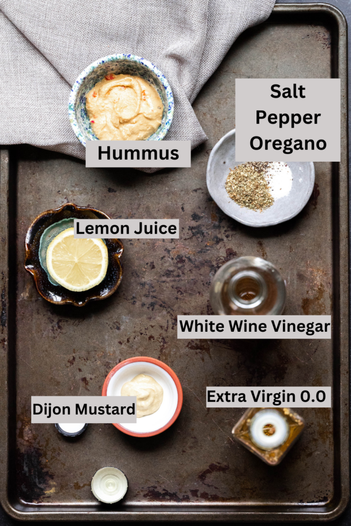 How make creamy hummus dressing: labeled ingredient photo. 