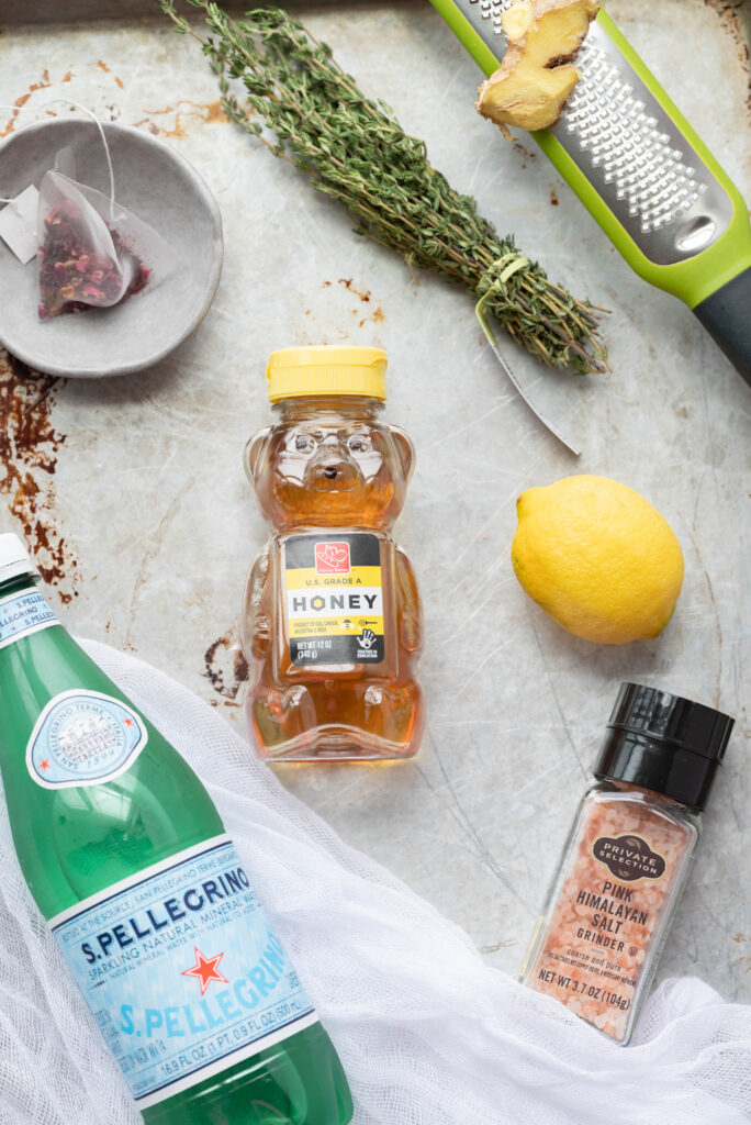 Ingredients needed to make a rose mocktail. 