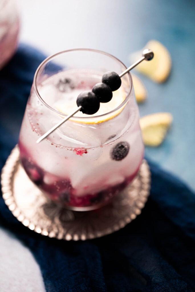 Blueberry Mocktail with fresh blueberries on a cocktail pick. 