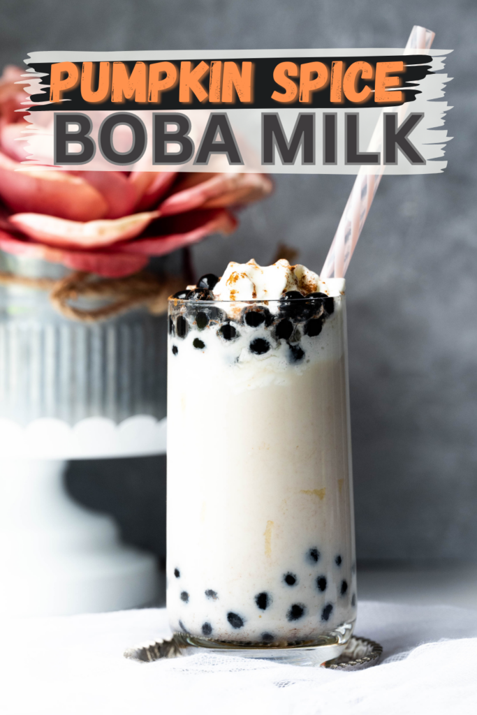 pumpkin spice boba milk with text overlay for Pinterest. 