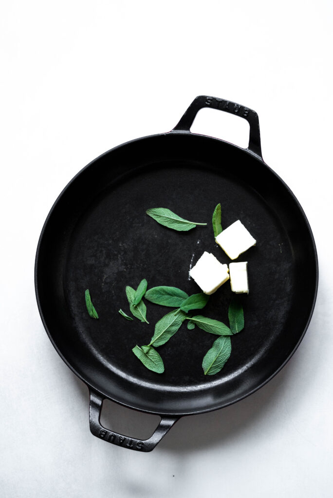 Step 1 for making pan fried gnocchi process shot.  