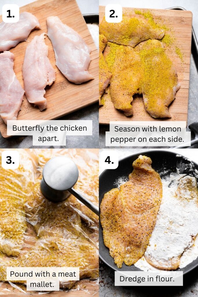 Steps 1-4 labeled that you'll need to take to make lemon pepper chicken at home. 