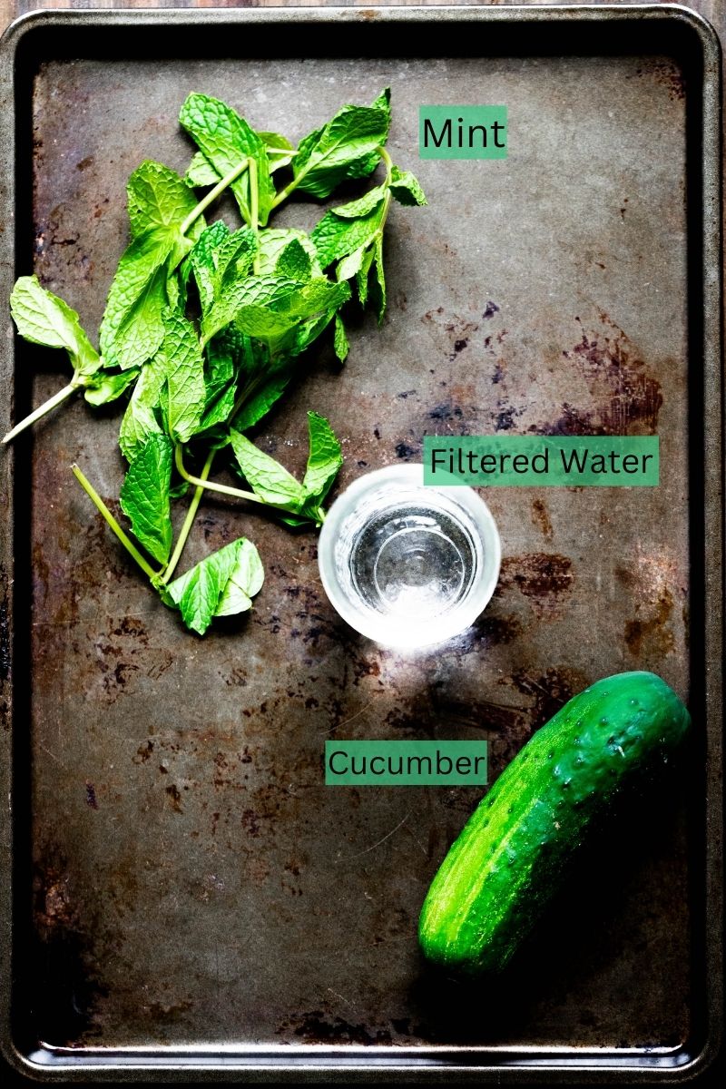 Ingredients needed for cucumber water on a sheet pan. 