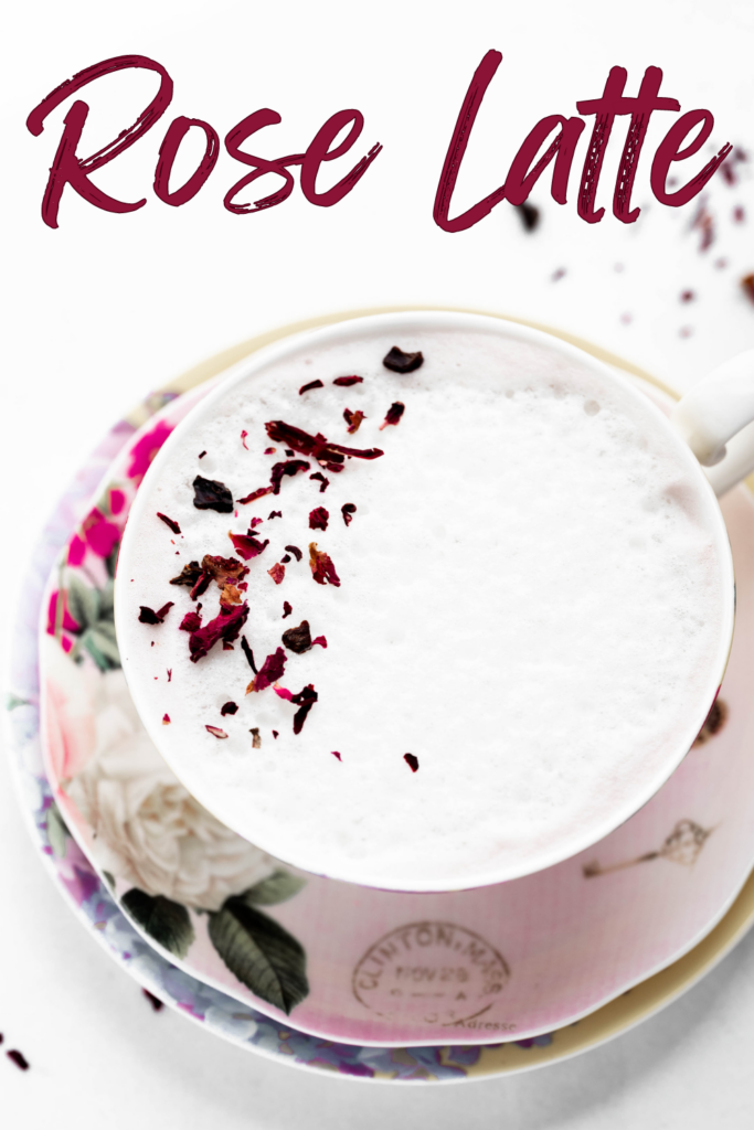 Rose Latte pinterest pin with a close up of the rose latte and text overlay.  