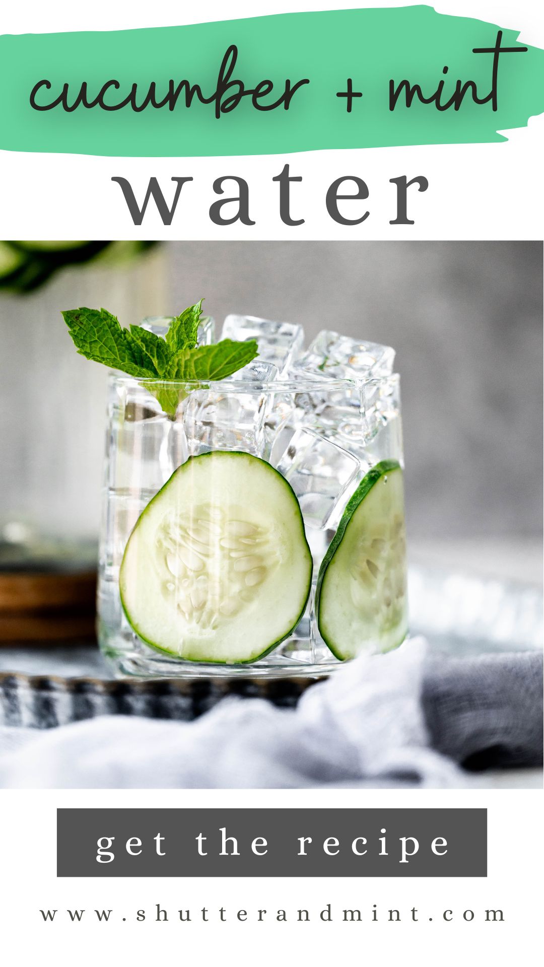 Cucumber water Pinterest pin with text overlay.  Photo showing a glass with cucumbers and water. 