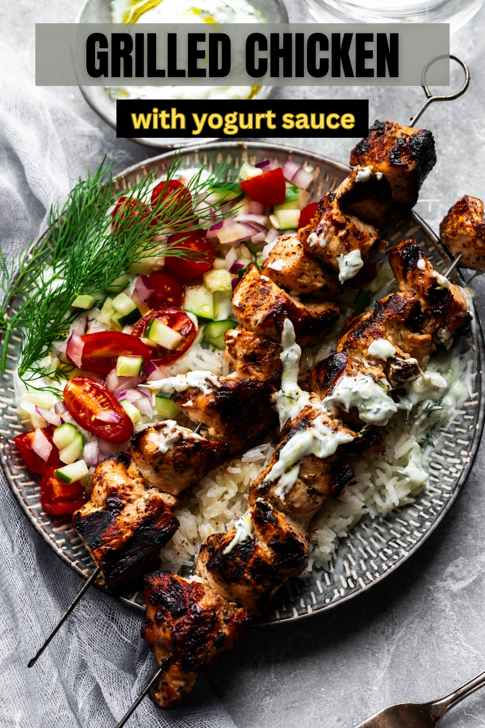 Chicken skewers pinterest pin with text overlay. 