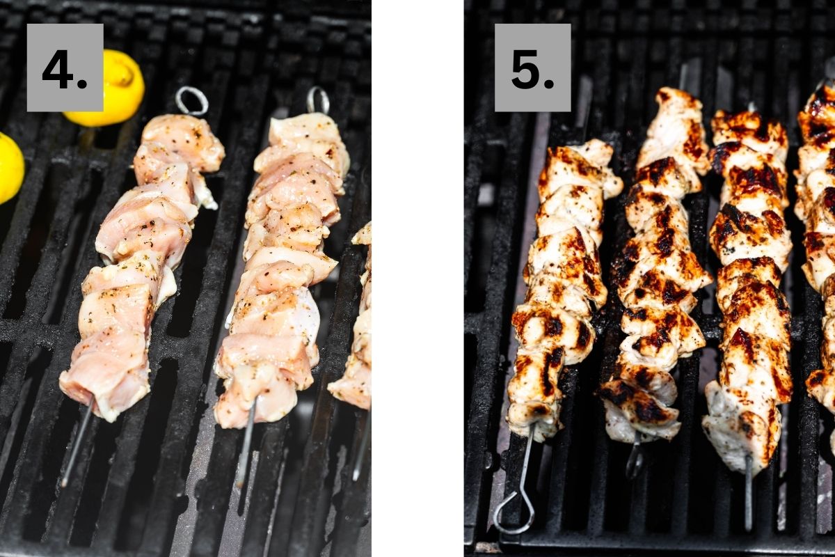 Steps 4 and 5 - the chicken skewers on a grill. 