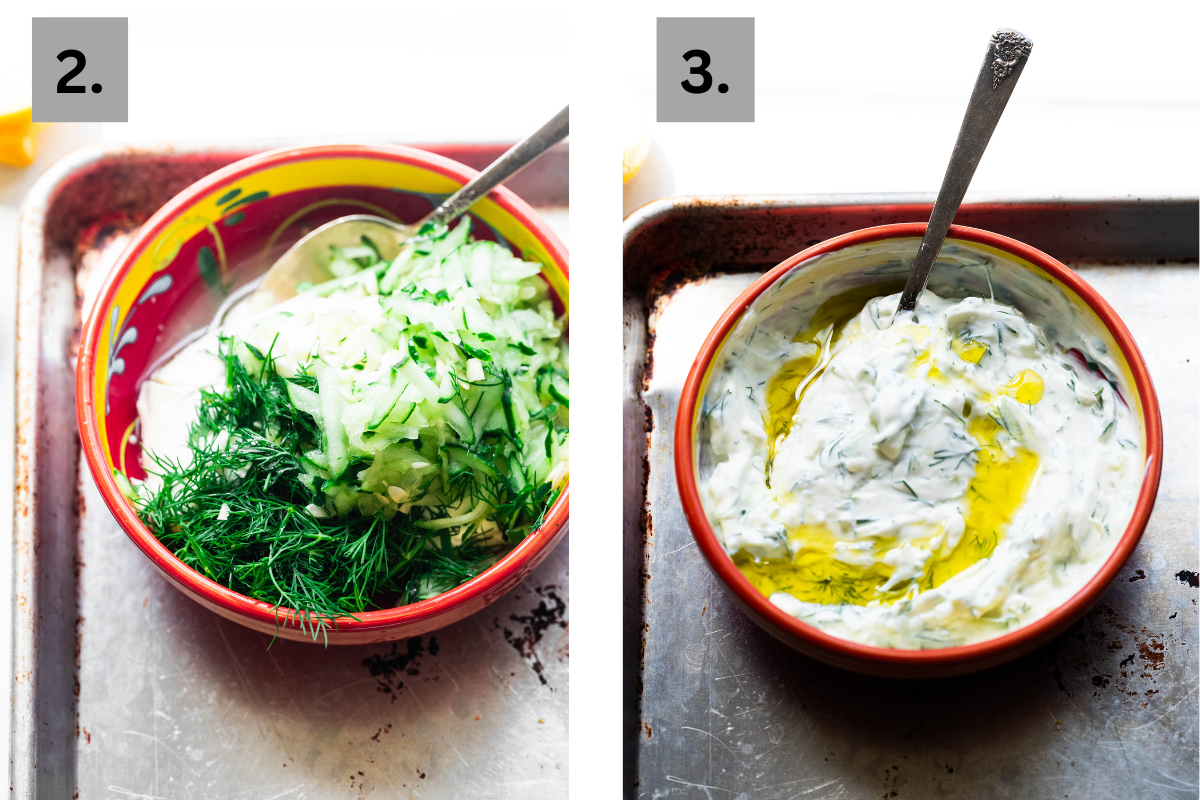Step 2- yogurt sauce in a bowl, and then step 3 - the yogurt sauce combined in an orange bowl. 