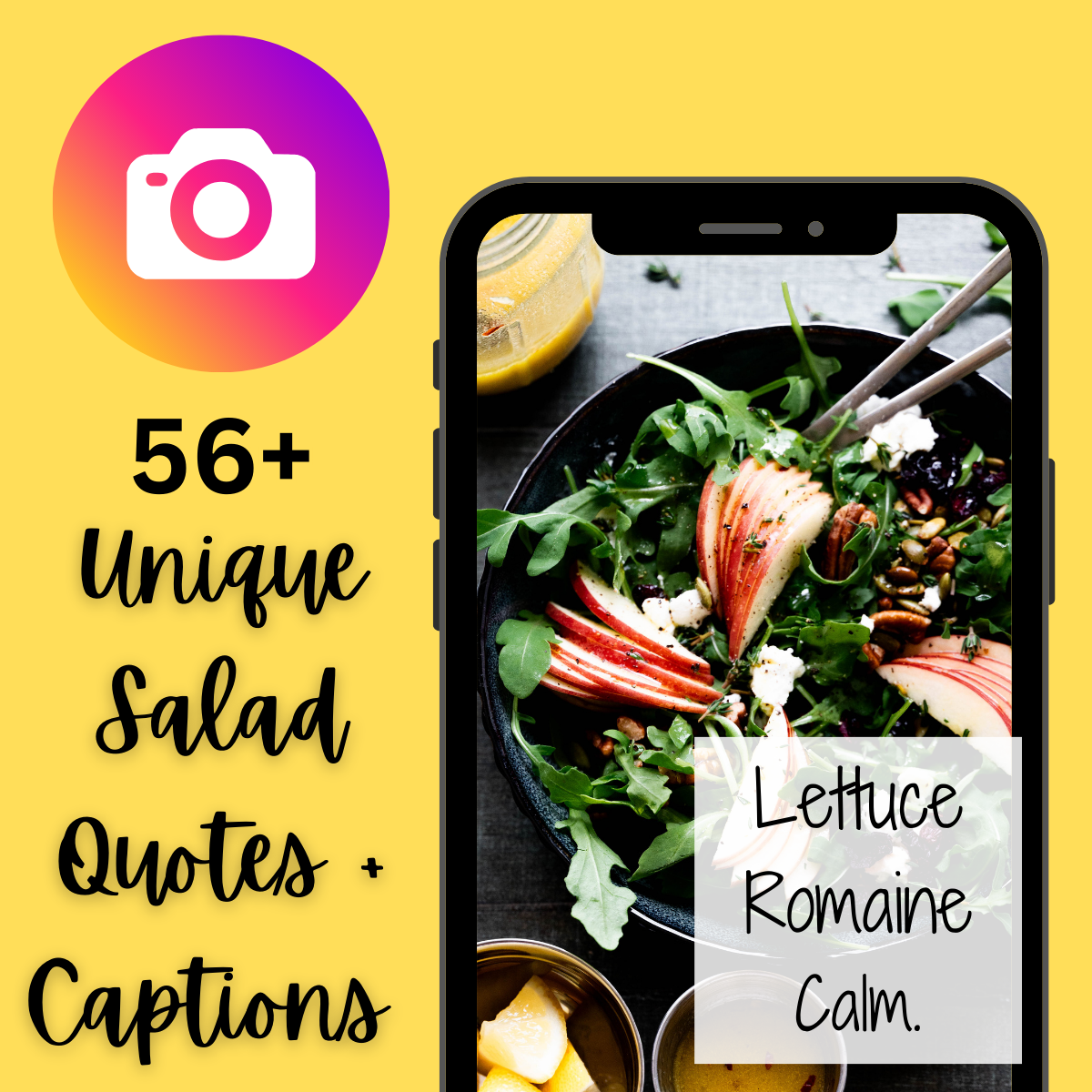 Hero image of a phone with text overlay that reads "56+ Unique Salad Quotes and Captions"