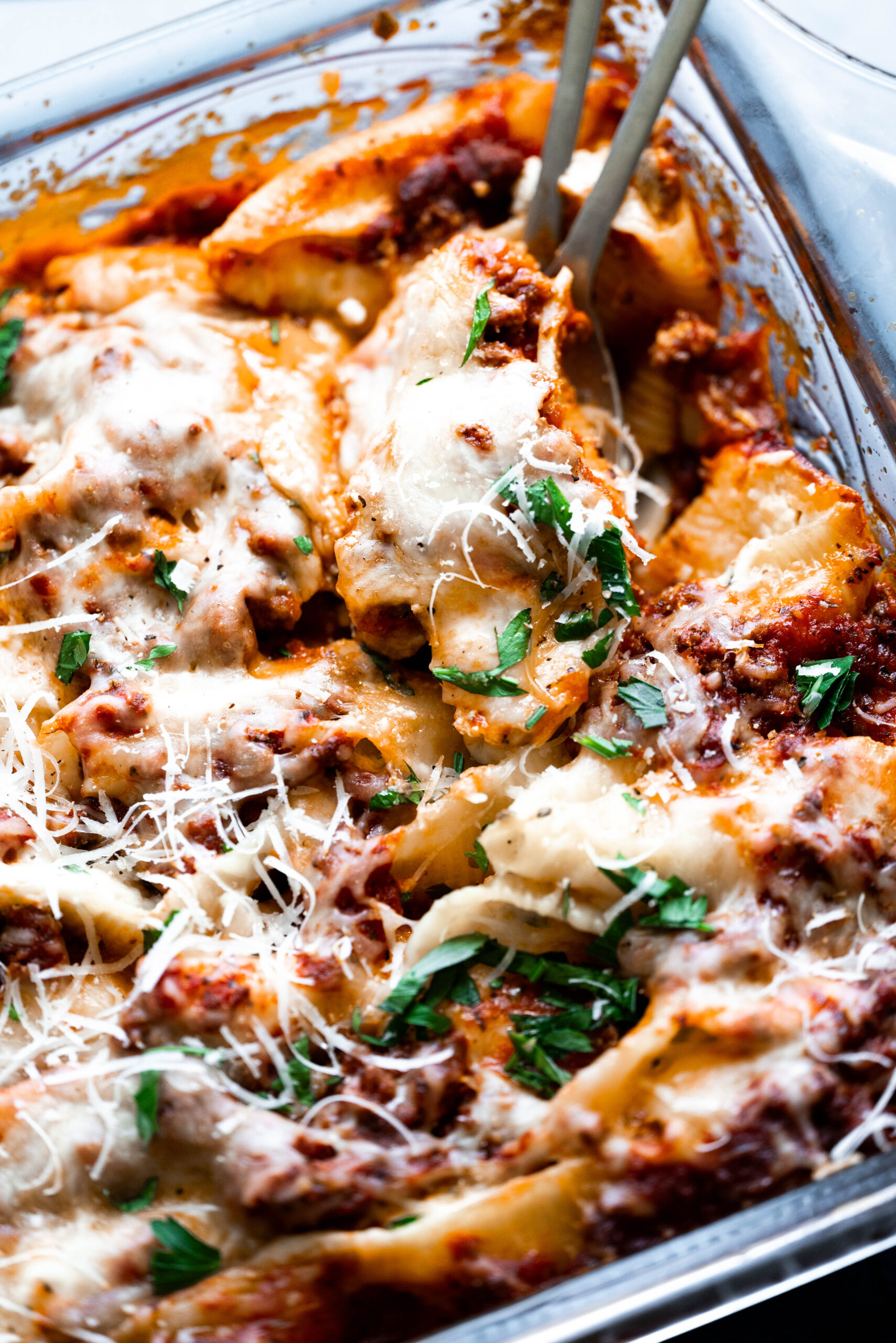Close up shot of giant cheese stuffed shells in a casserole dish.