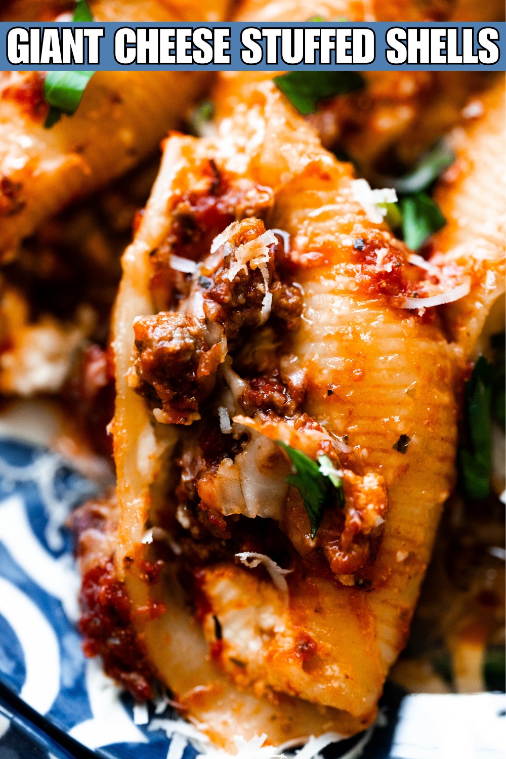 Giant Cheese Stuffed Shells pinterest pin - photo of a close up of a giant shell with text overlay. 