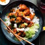 Chicken thighs in buffalo sauce with greek yogurt ranch.