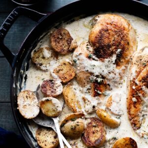 Creamy Ranch Chicken and Potatoes in a dutch oven. In a staub Cookware braiser.
