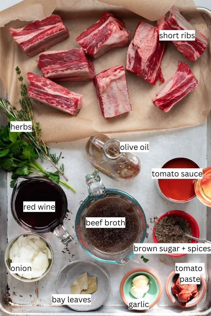 Ingredients needed to make Italian braised short ribs on a sheet pan with labels. 