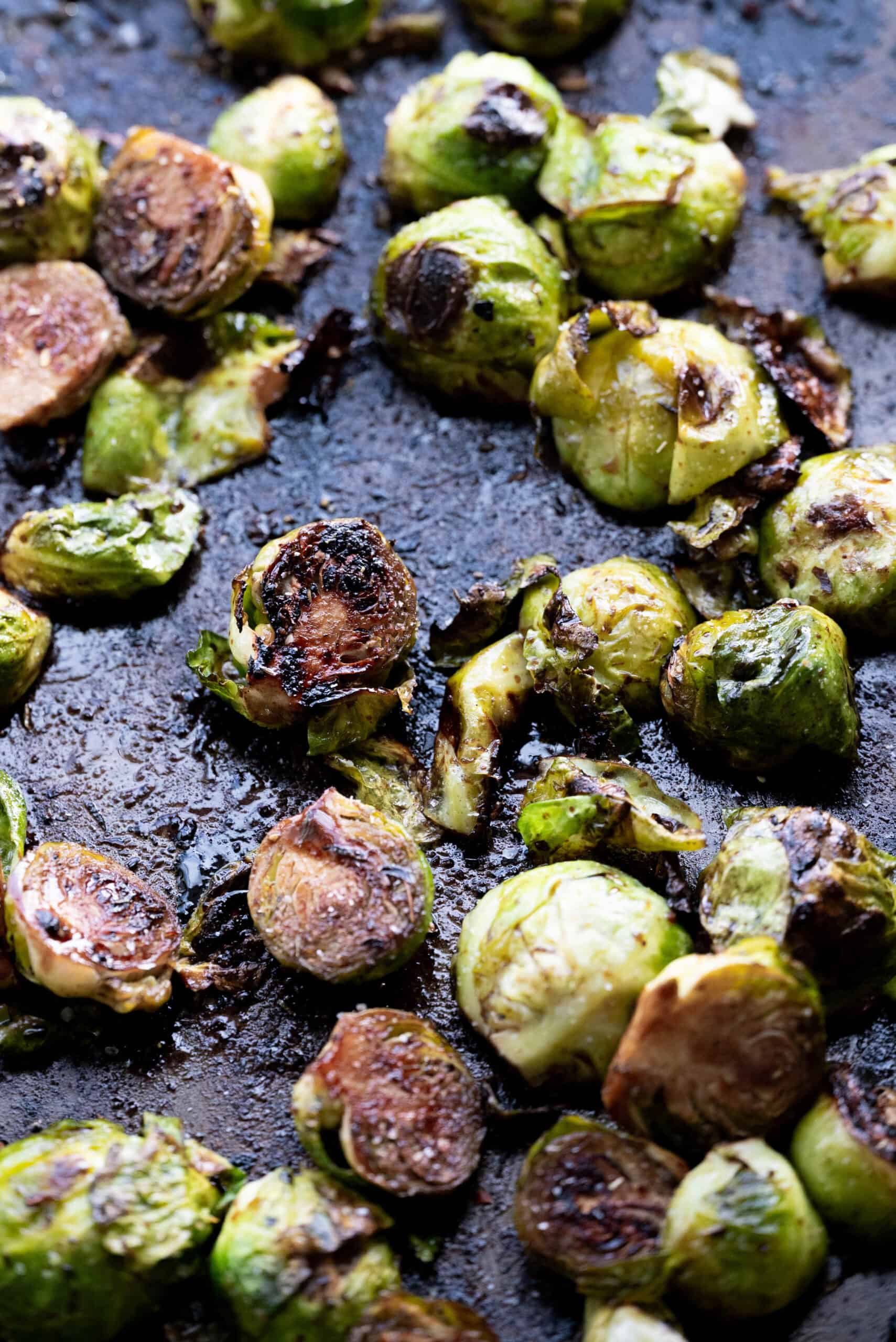 Roasted brussels sprouts with text overlay for pinterest. 
