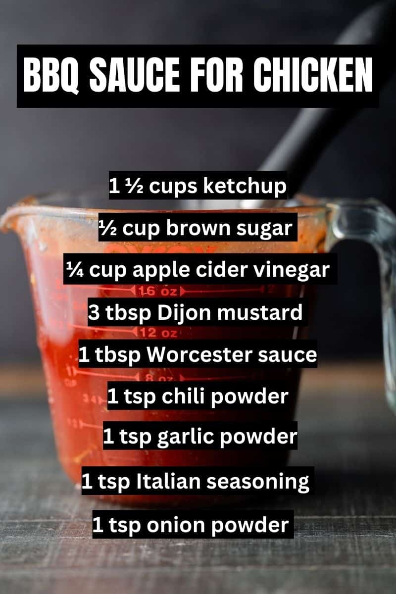 Infographic: recipe for bbq sauce for chicken thighs with text overlay (the text is the recipe). 