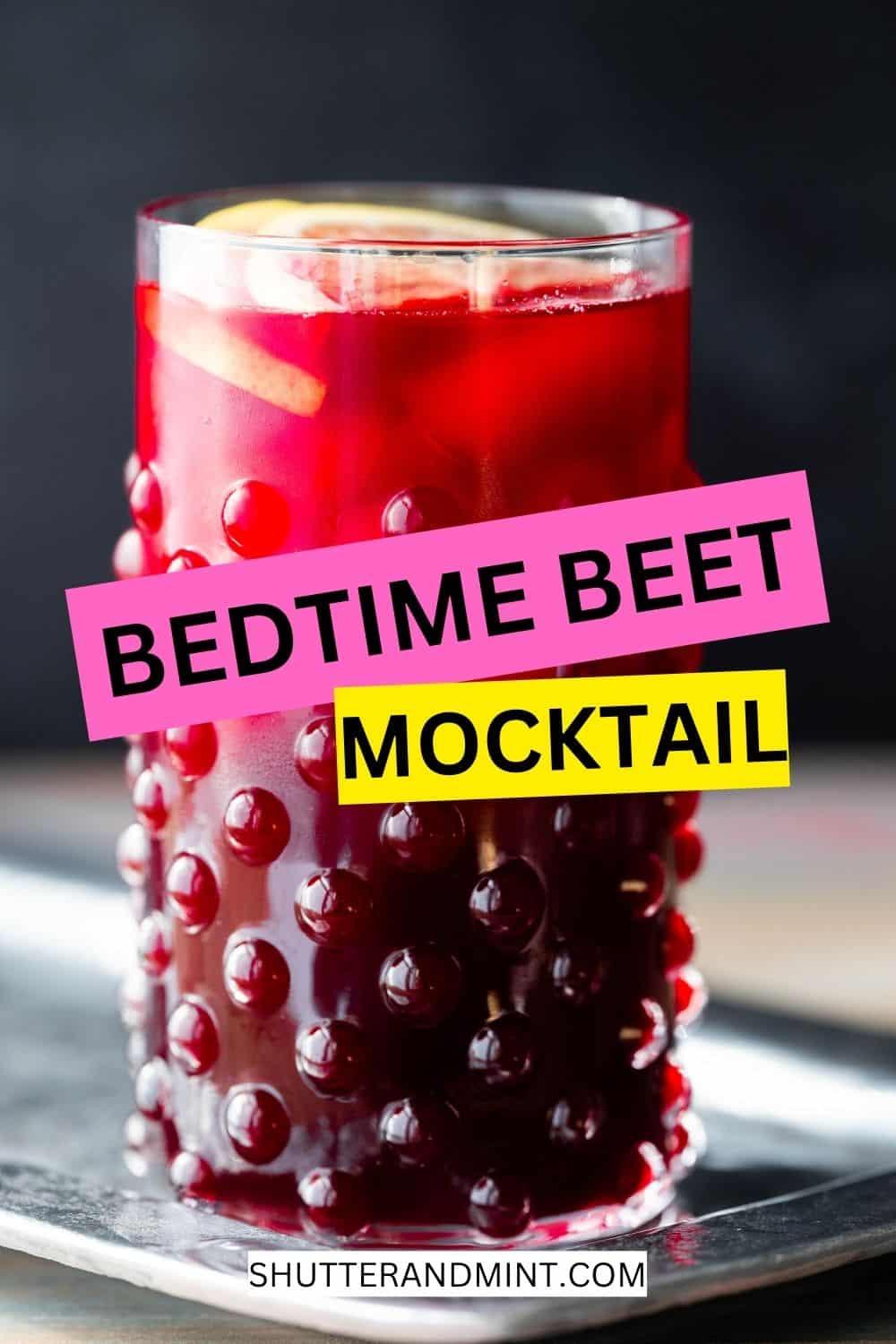 Beet mocktail in a speckled cup with text overlay. 