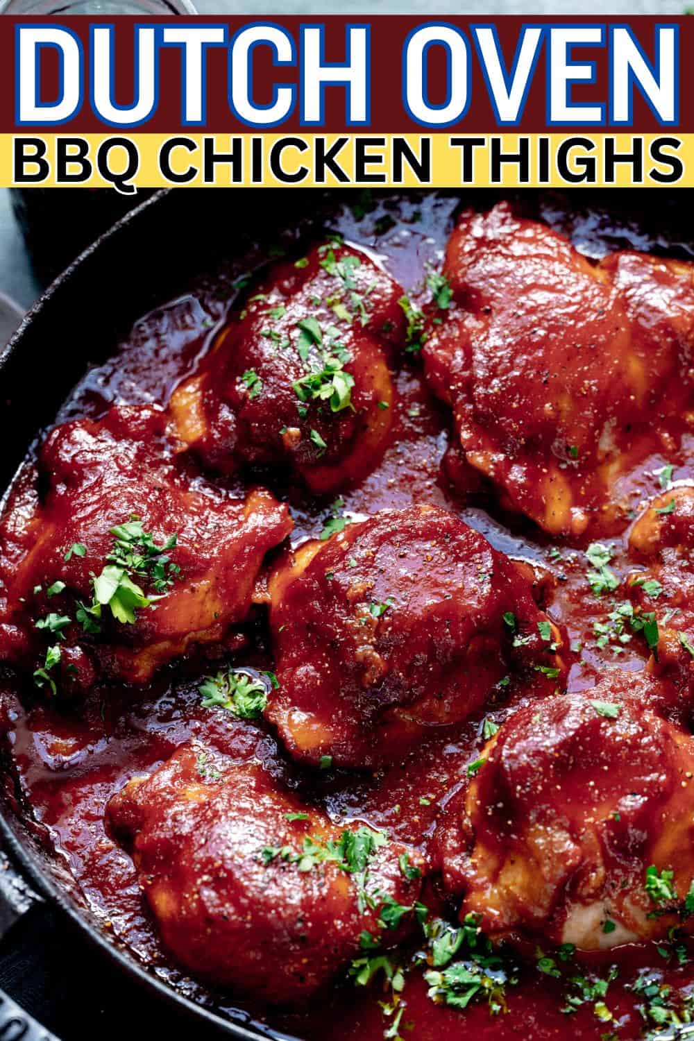 Pinterest Pin: chicken in a dutch oven with parsley and text overlay. 