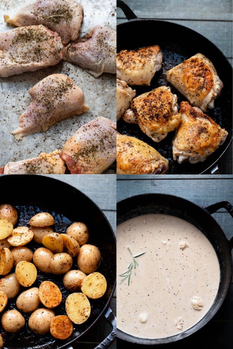 Process shots (collage format) of dutch oven chicken thighs. 