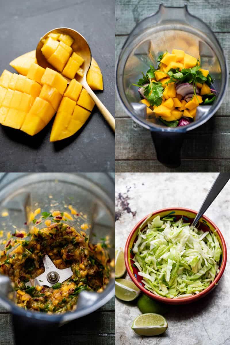 Step-by-step collage of making mango salsa. 