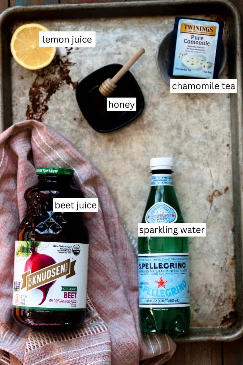 Ingredients you need to make a sparkling beet juice mocktail. 