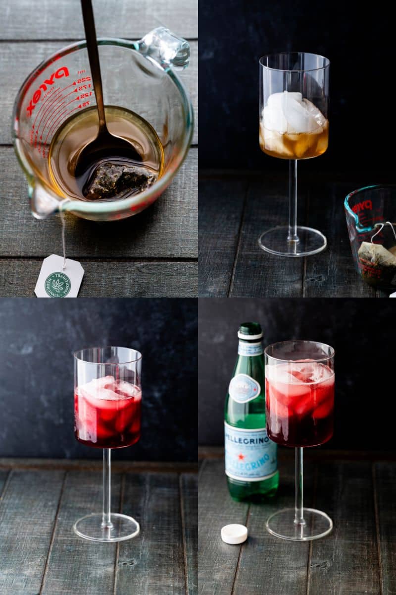 Collage of four process shots: tea brewing, ice in a glass with tea, then tart cherry juice, then sparkling water. 