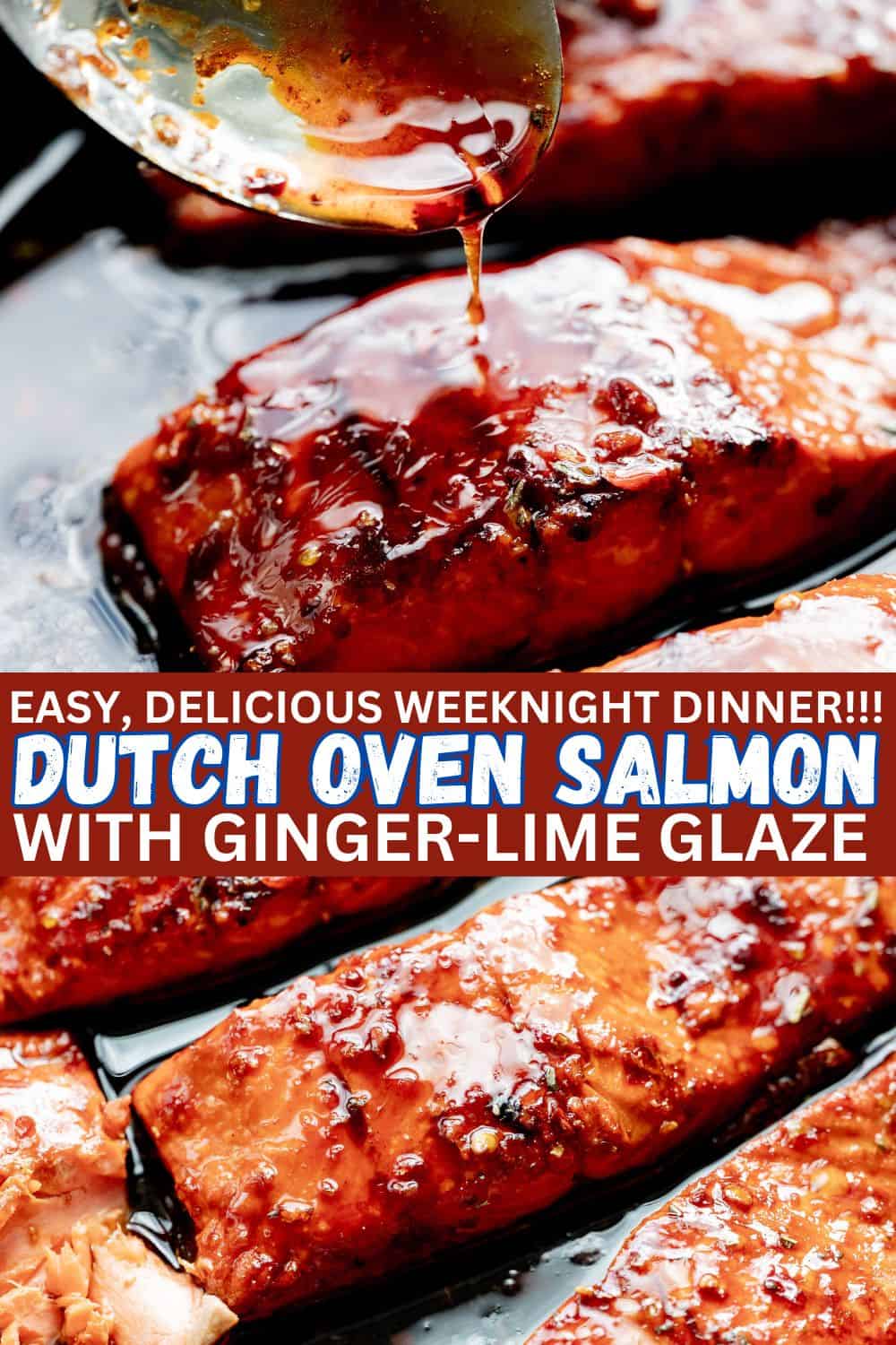 Dutch Oven Salmon pinterest pin with two images of salmon and text overlay. 