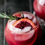 Overhead image of a blood orange ginger beer mocktail.