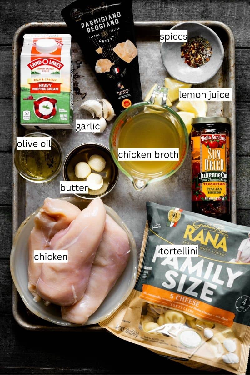 Labeled ingredients needed to make chicken tortellini in marry me sauce. 