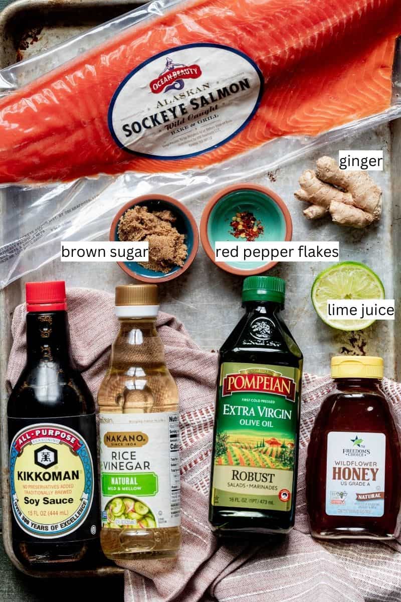 Quick Salmon Marinade ingredients on a sheet pan. 