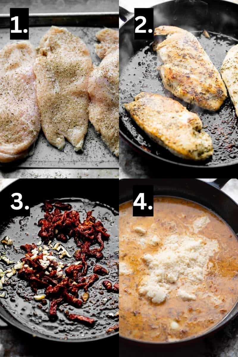 Process images of the chicken being seared, and cream sauce being made. 