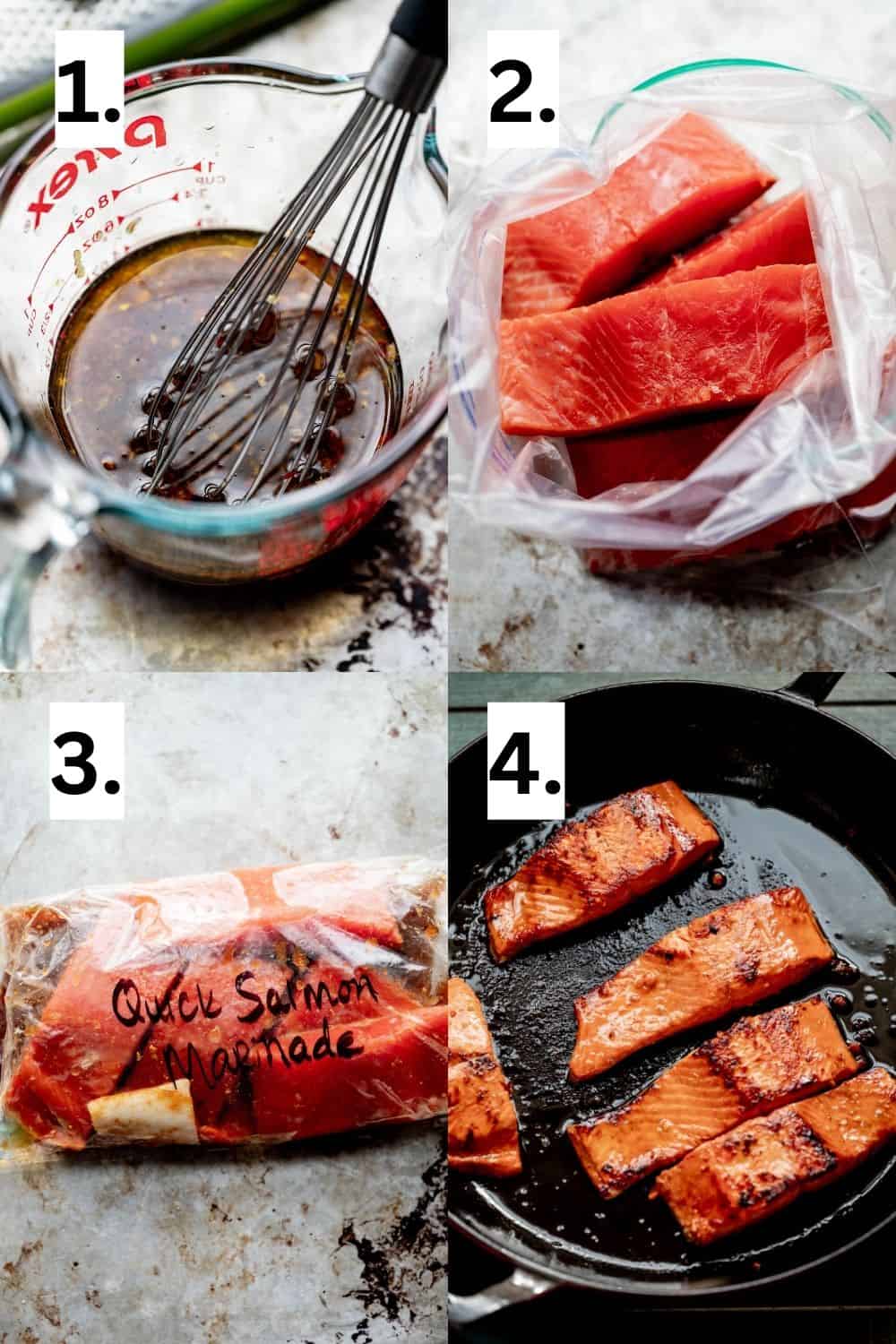 Salmon marinade steps 1-4 process collage. This collage shows: the marinade being whisked, the salmon in a bag, the salmon in a bag with the marinade, and the salmon being seared.  