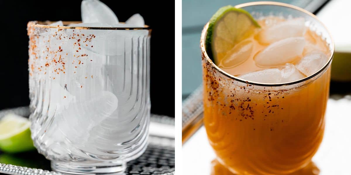 Collage: ice in a glass and the same glass with a margarita mocktail and lime garnish. 