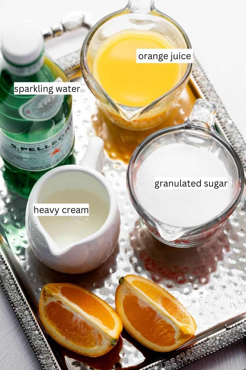 Ingredients on a silver plate with labels. 