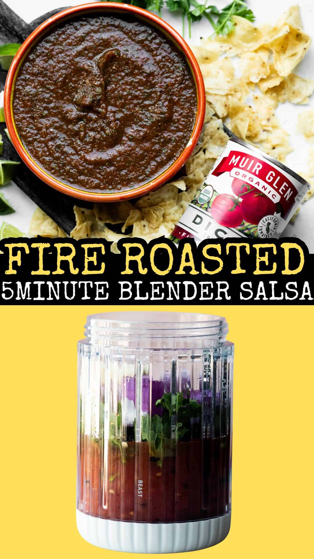 Fire roasted tomato salsa outfitted images for pinterest with text overlay. 