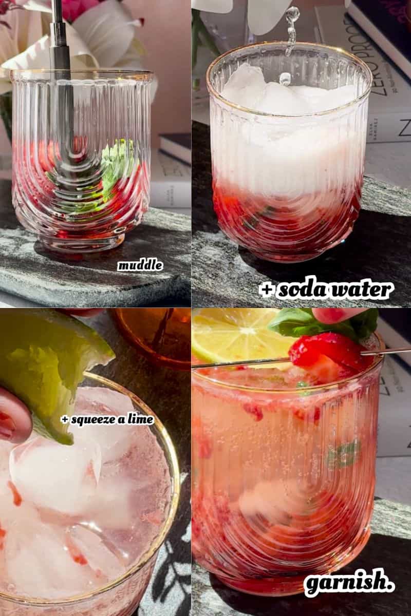 Ingredients for the strawberry basil balsamic mocktail. 