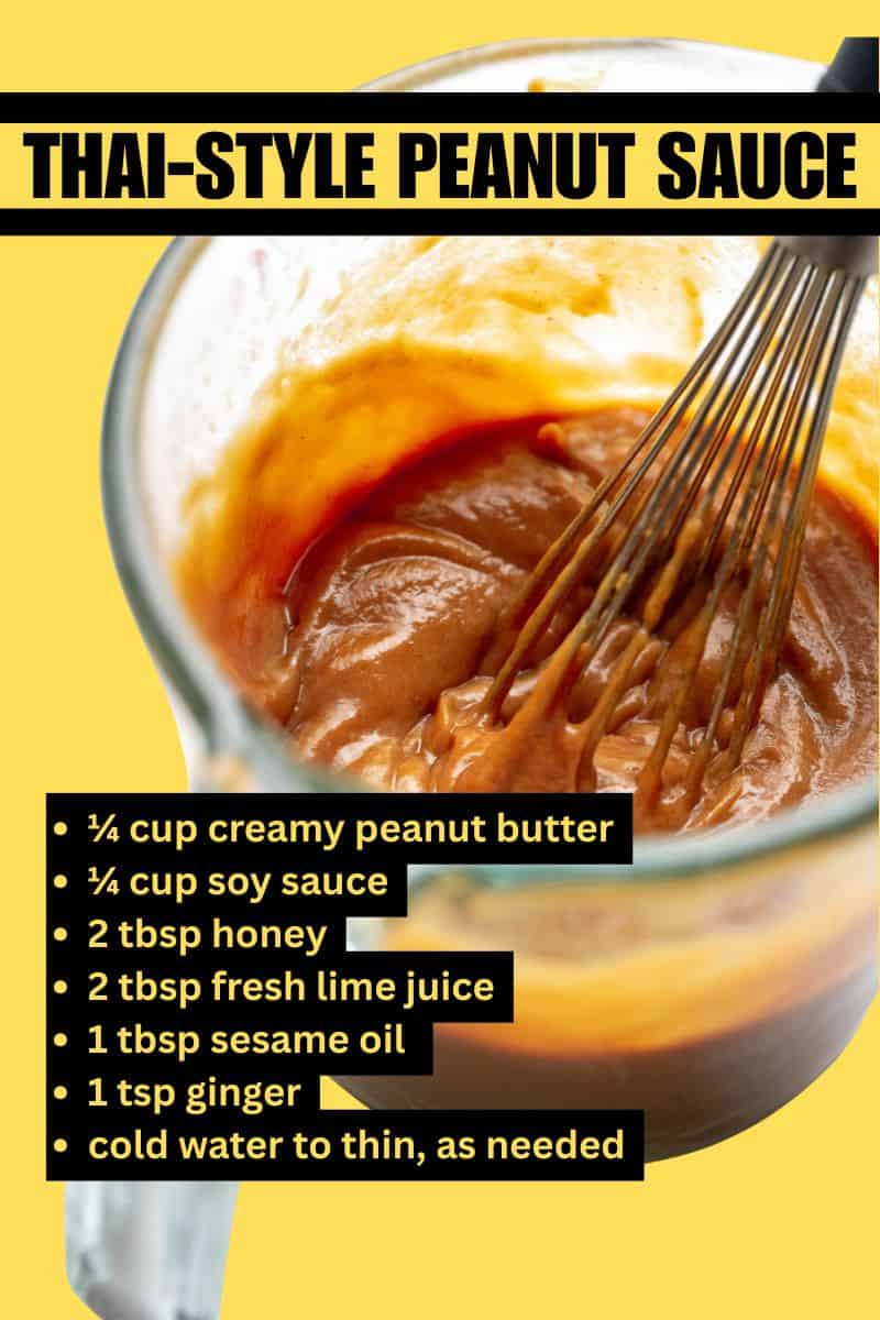 Creamy Thai-inspired peanut sauce recipe in infographic form. 
