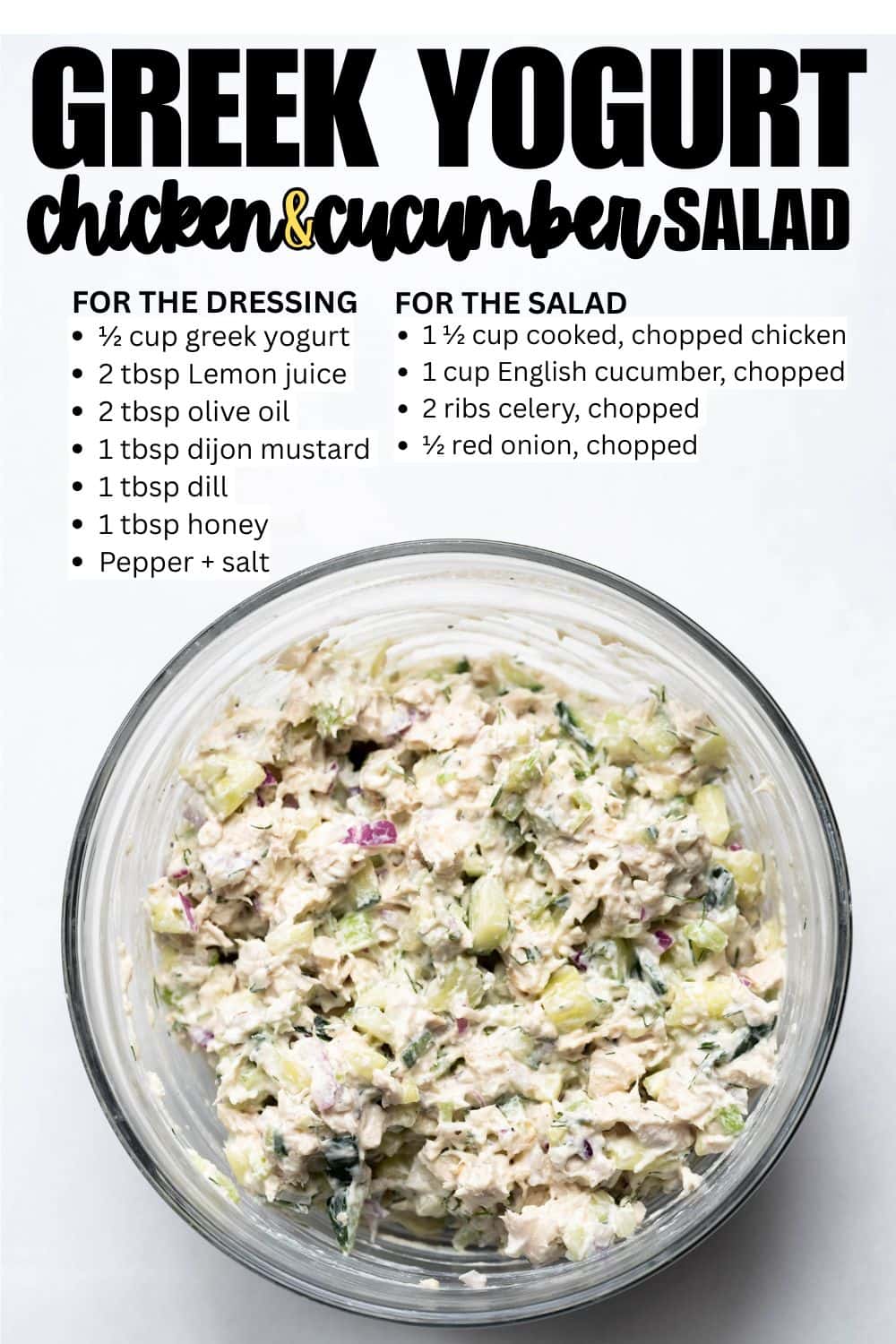 Infographic with the greek yogurt and chicken and cucumber salad recipe. 