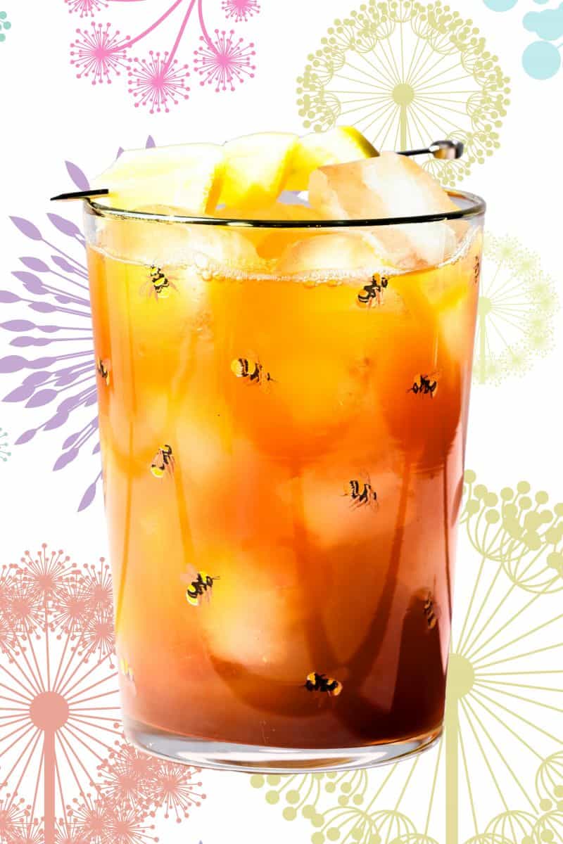 Hero image of a dandelion mocktail with a cute background. 