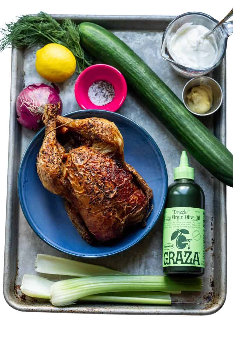 Ingredients needed to make Greek Yogurt Chicken Salad. 