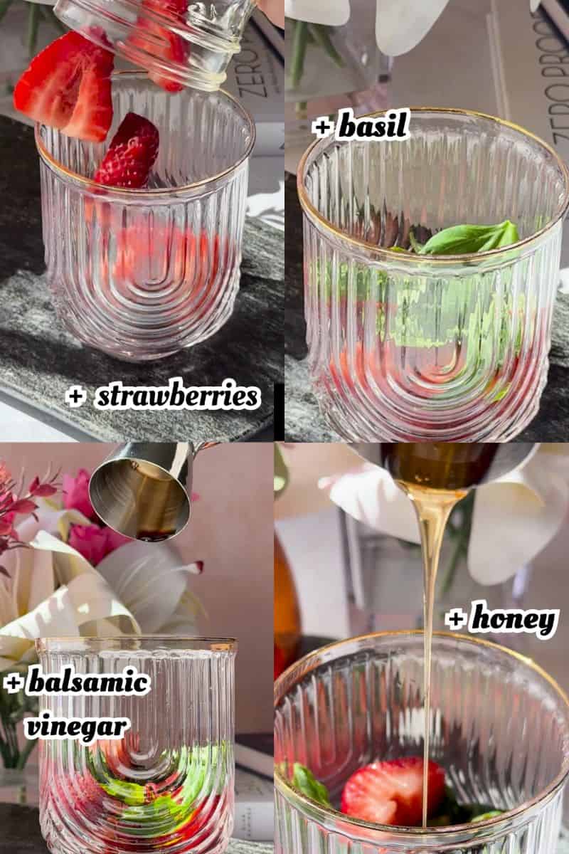 Process shots with labels for the strawberry balsamic basil mocktail. 