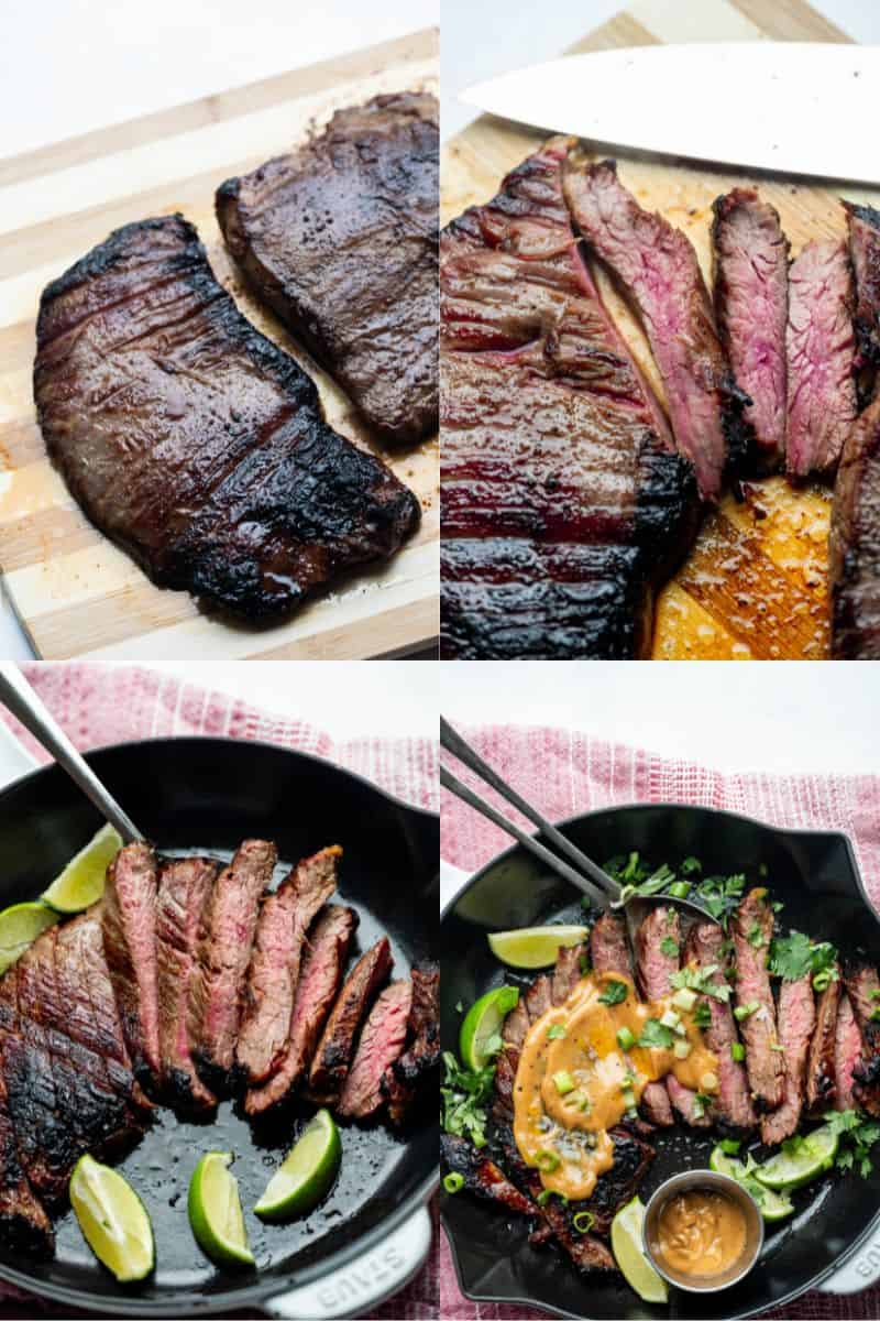 Images of flak steak being made in a collage - process images. 